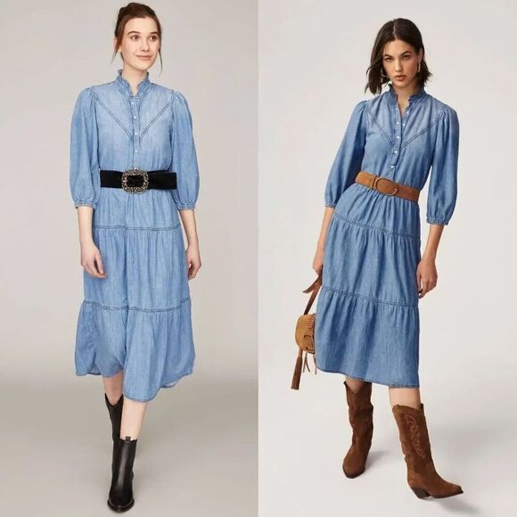 ba&sh Willow Chambray Midi Dress 3, L NWT $380 - Picture 1 of 12